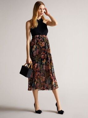 TED BAKER Aquila Cross Front Pleated Knit Bodice Dress In Black in 12